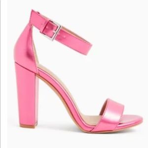 “Metallic Pink Faux Leather Ankle Strap Tapered Heel” - Pink ; Torrid